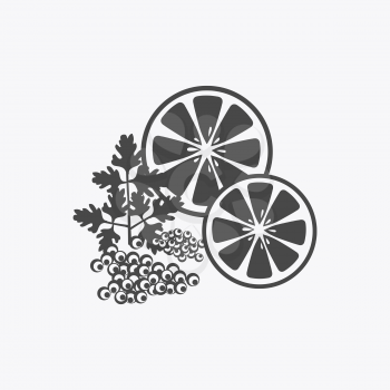 Elegant delicacies from the sea concept in monochrome variant. Seafood illustration for packaging, logos, and patterns. Caviar filed with lemon and herbs.