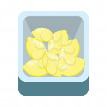 Lemons in tray isolated on white. Grocery store assortment, healthy nutrition. Illustration for icons, signboards, ad, infographics. Part of series of fruits and vegetables in flat style. Vector