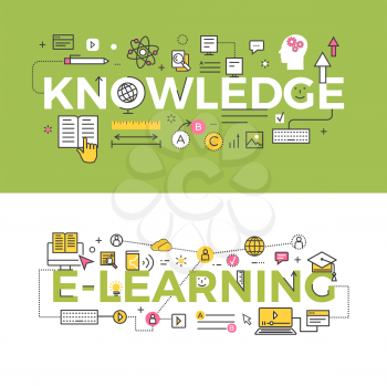 Knowledge and e-learning vector banners. Set of scientific, web and educational line icons and symbols. Concept illustration for learning courses, universities, educational services and programs ad.