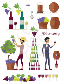 Winemaking icon set. Collection of glasses, types of grapes, bottles, tuns, barrels, openers. Check elite vintage strong wine. Part of series of viniculture production and preparation items. Vector