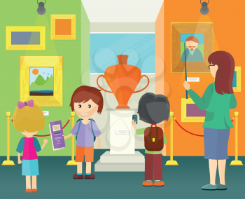 Children in museum. Little boys and girls with school backpacks view museum exhibits. Guide whis children. Interior of the museum with paintings and vase. Vector illustration in flat.