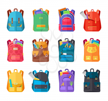 Colored school backpacks set. Backpacks with school supplies, notebooks, pencils, pens, rulers, scissors, paper. Education and study back to school, schoolbag luggage, rucksack vector illustration