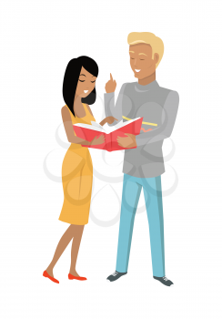 Young adult man and woman stand with book. Two smiling students read book. Student communication. Education concept. Two young adult people s discussing book. College education.