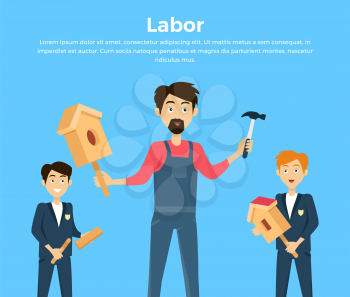 Subject of labor education conceptual banner design flat style. Teacher teaches students to build a birdhouse made of wood with a hammer. Labor education work and study lesson, vector illustation
