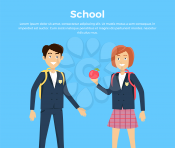 School concept vector. Flat design. Smiling pupils boy and girl with backpacks and apple standing on blue background. Picture for child learning years, students friendship illustrating.