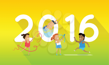 Sport banner 2016. Running, gymnastics, swimming and archery sport discipline. Different sports, athletes, sport competition. Species of event. Summer games background