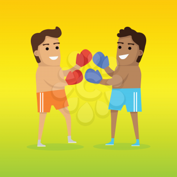 Two man boxing, sports banner. Two man in sports shorts and boxing gloves. Olympic species of event. Vector background for web, print and other projects. Summer olympic games background.