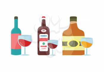 Bottles and goblet with alcohol vector in flat style. Whiskey, liquor, wine, cognac illustration for beverages concepts, grocery store ad, icons, infograqphic element. Isolated on white background.