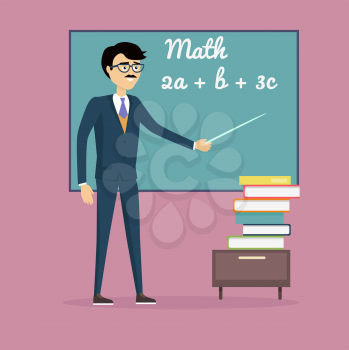 Mathematics lesson concept vector. Flat design. Teacher character with pointer at blackboard with mathematical equations and stack of books below. Illustration for university, tutoring, courses ad.