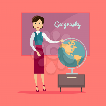 Subject of geography education conceptual banner. Geography teacher school standing next to a large globe. World map globe earth and continent, knowledge about global planet, vector illustration
