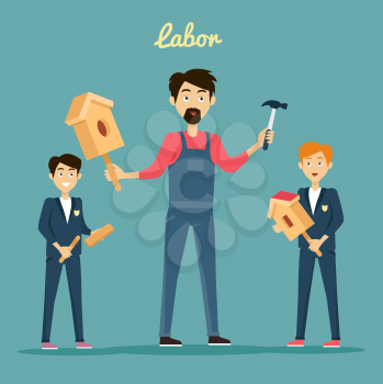 Subject of labor education conceptual banner design flat style. Teacher teaches students to build a birdhouse made of wood with a hammer. Labor education work and study lesson, vector illustation