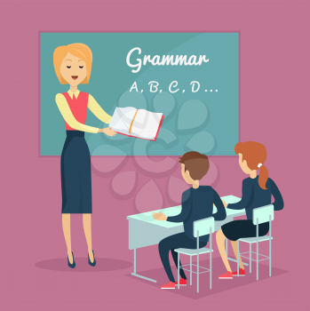 Kids grammar teaching concept vector . Illustration in flat design. Couple of kids, boy and girl, studying grammar, sitting at their desks with the teacher in the classroom. School ABC lessons.