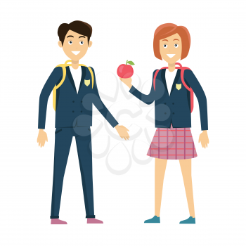 School lunch concept vector. Flat design. Smiling pupils boy and girl with backpacks and apple standing on white background. Picture for child learning years, students friendship illustrating.