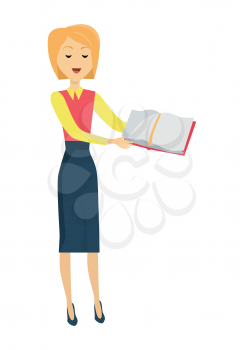 Blonde school teacher in red blouse and blue skirt. Smiling teacher with textbook in hand. Stand in front. Learning process. Teacher isolated character. School personage. Vector illustration