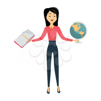 Brunette school teacher in red blouse and blue pants. Smiling teacher with earth globe and textbook in hands. Stand in front. Learning process. Teacher isolated character. School personage.