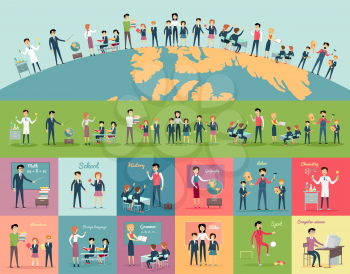 School education in the world concept. Pupils and teachers holding hands around the globe. Set of illustrations with learning process, pupils in school uniform, teacher near blackboard, school subject