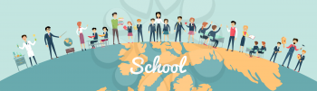 School education in the world concept. Pupils and teachers holding hands around the globe on blue background. Illustrations with learning process, pupils in school uniform, teacher near blackboard.