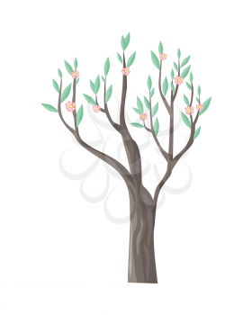 Vector tree in blossom. Green stylish plant isolated on white with beautiful flowers. Cartoon style tree. Editable element for your design. Part of series of different trees. Vector illustration.