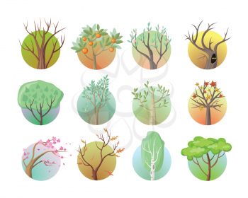 Set of tree round icons. Tree with green leaves. Maple, oak, birch, sakura, willow, poplar vector tree round icon. Tree forest, leaf tree isolated, falling autumn leaves, plant eco branch tree.