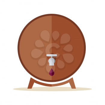 Wooden barrel for wine with steel ring. Wooden barrel with steel tap on stand. Brown wooden oak barrel. Barrel icon. Isolated object in flat design on white background. Vector illustration.