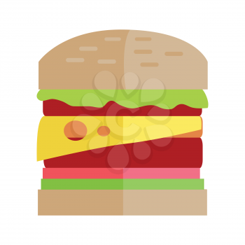 Hamburger vector illustration. Flat design. Classic sandwich with meat, cheese, tomatoes salad and sauces.   Fast food concept for cafe, snack bar, street restaurant ad, menu. Isolated on white.   