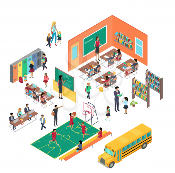 School conceptual vector in isometric projection. 3d illustrations of school premises with pupils and teachers. Classes, library, corridor,  gym, school bus. For education concept, infographic, games 