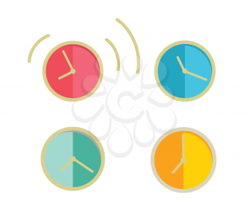 Classic round wall clock with color bodies. Wall clock icons set. Mechanical clock. Office workplace design element. Isolated object on white background. Vector illustration.