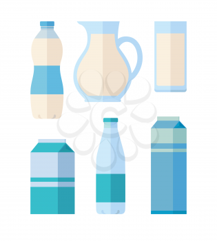 Different traditional dairy products from milk on white background. Packaged kefir, milk and yogurt. Assortment of dairy products. Farm food. Dairy icons set. Vector illustration in flat style.