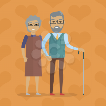 Elderly couple vector illustration. Flat design. Gray-haired smiling grandparents walking holding hands. Strong and lasting relationships. Deep human affection. For happy retirement concept. On orange