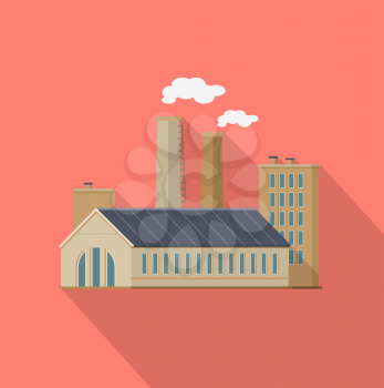Factory with long shadow in flat style. Industrial factory building concept. Manufacturing plant building. Power electricity industry manufacturer icon. Manufacturer production technology. Vector