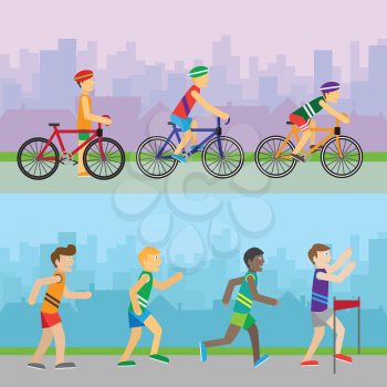 Sport recreation banners. Running competition. Bicycle tournaments. Runners near finish. Best wins the race. Active men sign symbol icons. Healthy way of life sport concept. Racing. Athletics. Vector