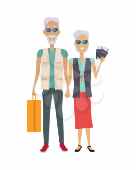 Travel in old age vector concept. Flat design. Elderly couple with baggage and documents going on journey. Grandparents summer vacation. Picture for travel agency ad, recreation retired illustrating.