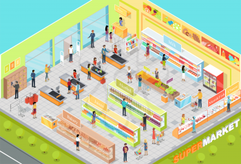 Supermarket interior vector. Isometric projection. 3D illustration of big trading room with product sections shelves, goods, customers, personnel, sellers, cashes. For store ad, app, game interface  