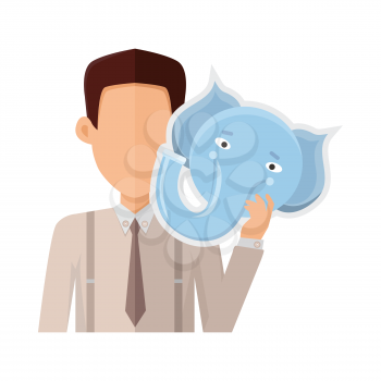 Man character in shirt and tie with elephant mask in hand vector. Flat design. Masquerade animal clothing and party costume. Psychological portrait and hidden personality. Isolated on white background