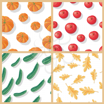Set of autumn harvest conceptual vector seamless patterns. Flat design. Ripe pumpkin, zucchini, apple, oak leaves on white background. Vegetable anf plant ornament. For wrapping, printings, grocery ad
