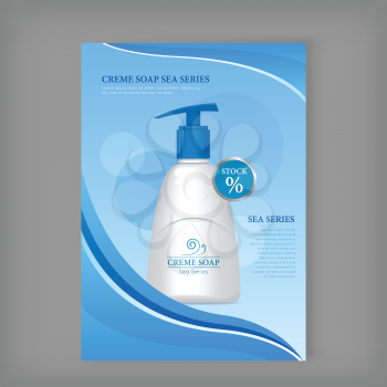 Cream soap sea series. Liquid soap bottle. Plastic tube with pump for cosmetics on blue background. Product for body care, beauty, health, freshness, youth, hygiene. Realistic vector illustration.