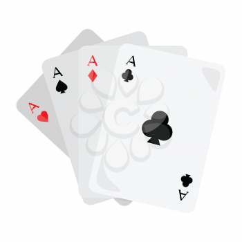 Set of vector ace playing cards isolated. Four aces of diamonds spades hearts and clubs. Poker playing cards. Gambling luck, fortune and bet, risk and leisure, jackpot chances. Flat style design