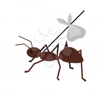 Brown ant carrying her baggage on tree branch. Ant icon. Ant holding branch. Insect icon. Termite icon. Isolated object in flat design on white background. Vector illustration.