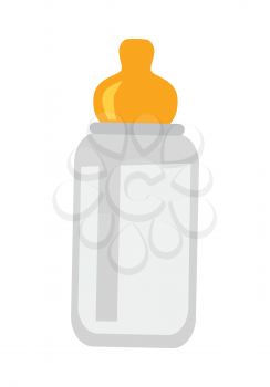 Child bottle with nipple isolated on white. Child drink device in flat design style. Favourite drinking bowl of the little toddler. Drinker of the kid. Trough bottle. Vector illustration.
