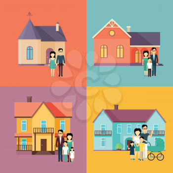 Set of real estate conceptual vectors in flat style design. Family standing near their houses. Buying a new place for living. Illustration for real estate company advertising, housing concepts.