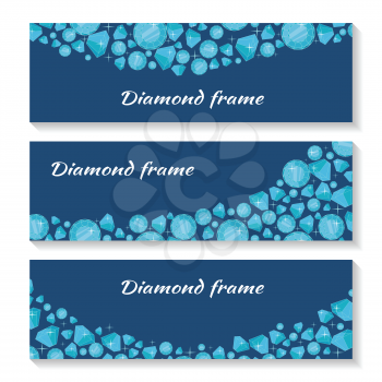 Diamond frame templates set. Jewelry diamonds of different size. Luxury jewels concept. Precious stones on dark blue background. For flyers, posters, greeting cards, banners. Vector illustration