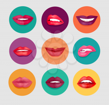 Women lips set. Women lips on round colored background. Set of woman lips in cartoon style for fashion and beauty design. Women lips gestures set. Isolated vector illustration in flat design.