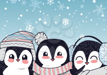 Funny penguins vector illustration. Flat design. Three funny penguins in hat, scarf, earmuffs smiling on blue background with snowflakes. Winter holidays mood. For kid books, greeting card design  