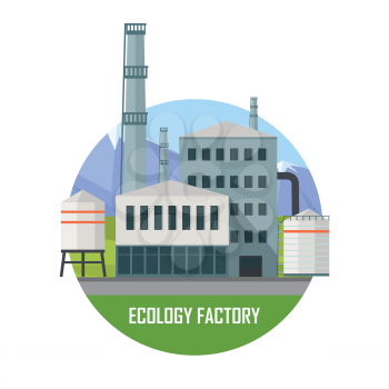 Ecology factory. Green manufacturing and producing. Eco plant icon in flat style. Environmentally friendly factory. Retailer of organic natural healthy products. Modern building of the factory. Vector