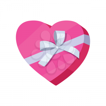 Gift box in form of heart vector icon in flat style. Packaged with pink paper ribbon present illustration. For application button, infogpaphics elements, web design. Isolated on white background