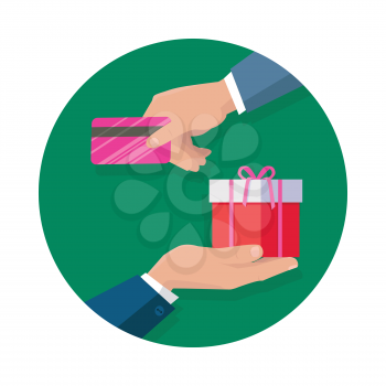 Buying gifts vector in flat design. Surprise in colored box with ribbon. Shopping, sales, discount concept. Man hands with packed present and credit card. For decoration, event management companies ad