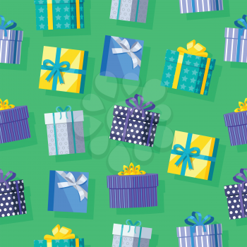 Gift boxes seamless pattern vector in flat design. Presents in various bright, striped, spotted boxes tied color ribbons on green background. Illustration for decoration, event management companies ad