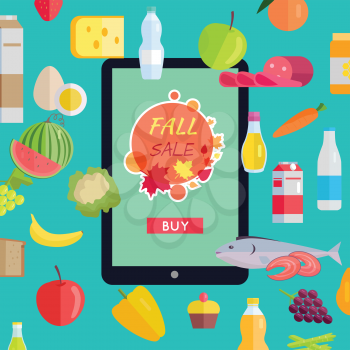 Sale in online food market web banner. Vector in flat design. Autumn harvest. Various food, drinks and web page template on tablet with fall sale button on screen. Concept for grocery discount ad