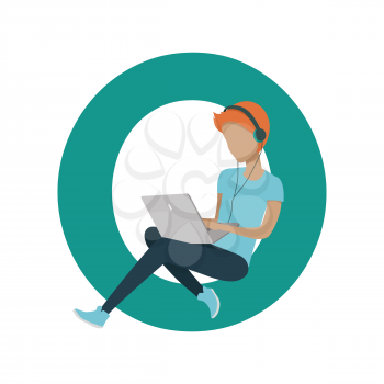 Alphabet mobile people illustration. Flat design. ABC vector with human using computer and mobile device. Man seating on letter O and working on laptop. Social network communication concept