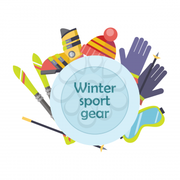 Winter sport gear vector concept. Flat design. Illustration with ski, boots, gloves, goggles. Winter sportswear and equipment. Cold season entertainments and outdoor activity. For resort, shop ad